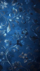 Embossed cobalt floral arabesque with metallic gradient detailing.