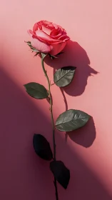 Crimson Rose on Gradient Pink Background with Cast Shadow