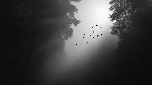 Soft fog, dark trees, and quiet birds in drifting flight.