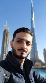 Smiling traveler enjoying bright city skyline view day.