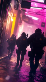 Armed operatives advance through neon soaked cyberpunk alleyway