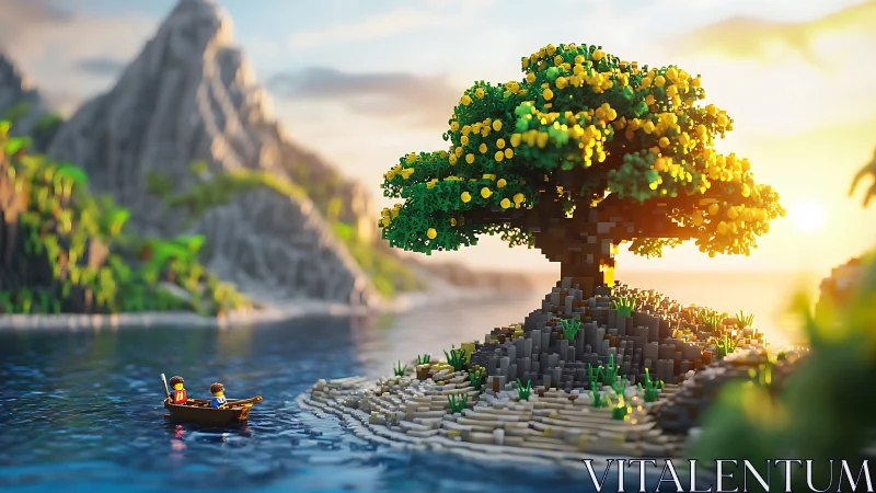 Minecraft Fantasy: Golden Tree by Rocky Cliffs and Water.