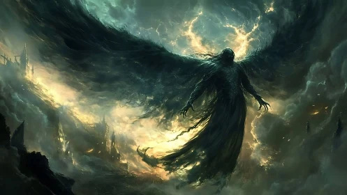 Fallen dark angel over burning ruins in stormlit sky.
