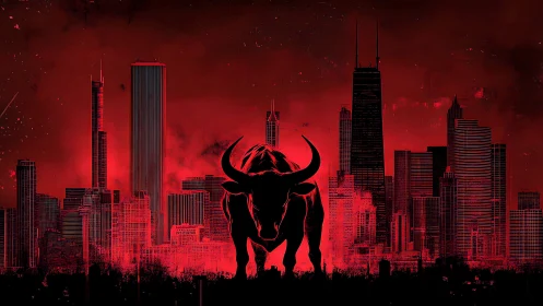Digital painting of bullish silhouette against red cityscape.