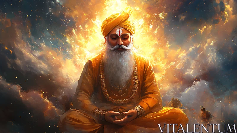 Celestial sage drifts in molten light above stormy silence