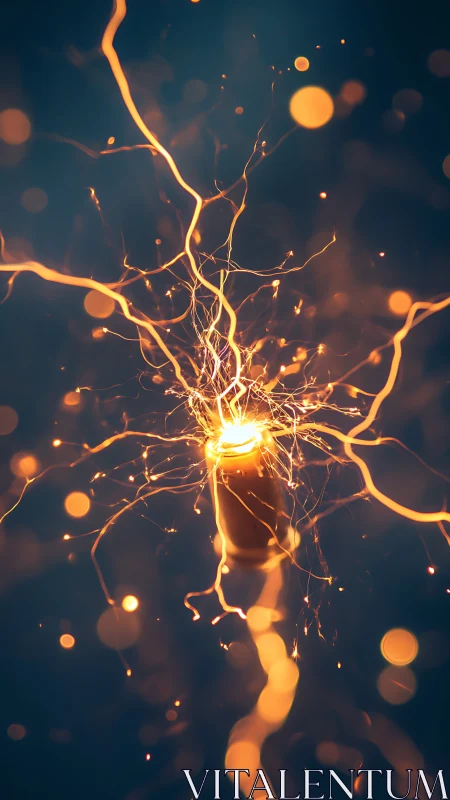 Photorealistic macro of glowing electric filament bursts.