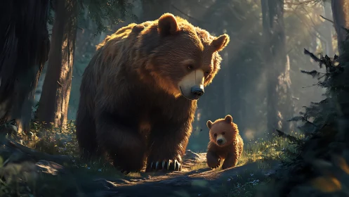 Gentle bear and curious cub wandering a sunlit forest path.