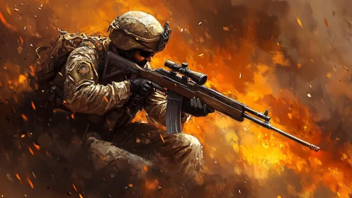 Sniper in molten firestorm pauses within a war-torn hush.