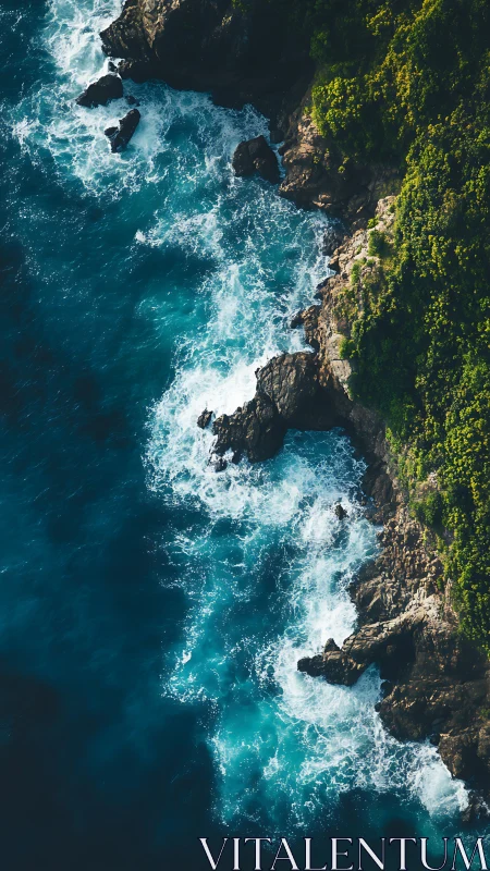 Rocky coastline with turquoise waves and dense green cliffs.