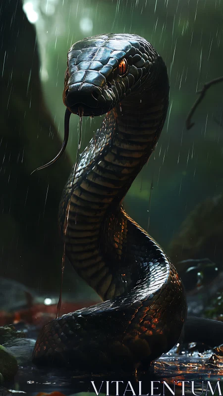 Coiled black cobra rises under rain in shadowed jungle.