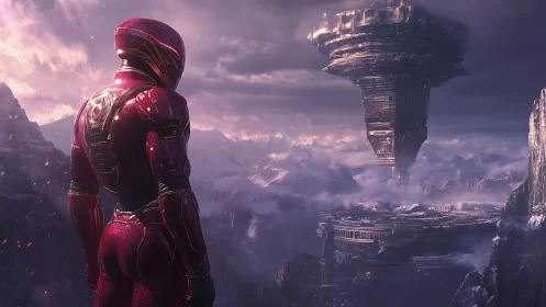 Cybernetic sentinel overlooking levitating fortress megastructure.