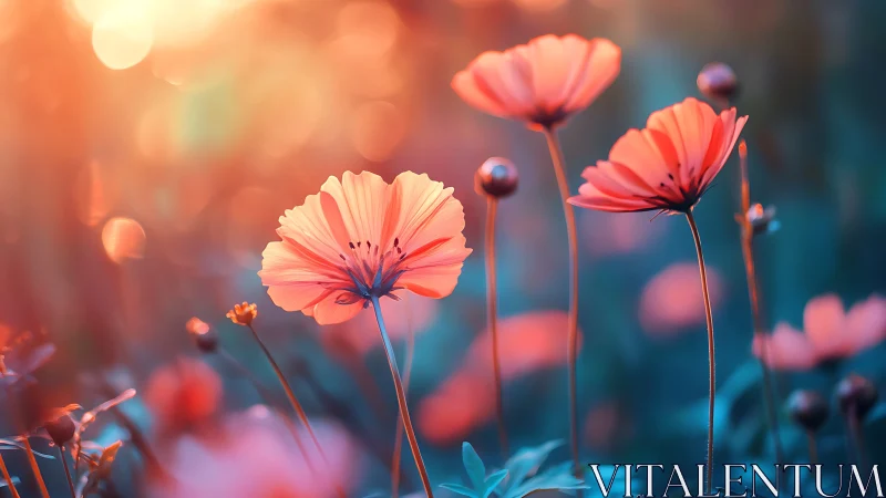 Cosmos flowers with warm sunlight and cool atmospheric depth
