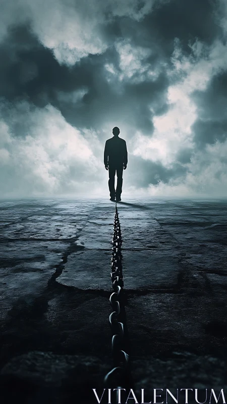 Silhouetted figure confronts storm sky along chained axis