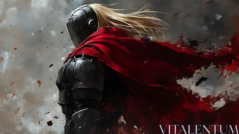 Armored sentinel with kinetic red cloak in stormfield atmosphere.