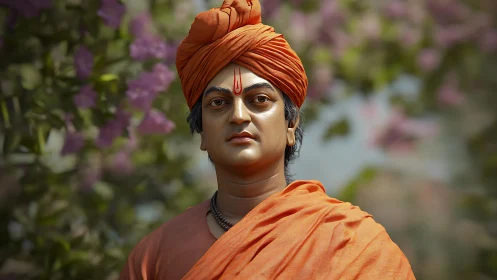 Serene sage in orange robes beneath gentle garden blooms.