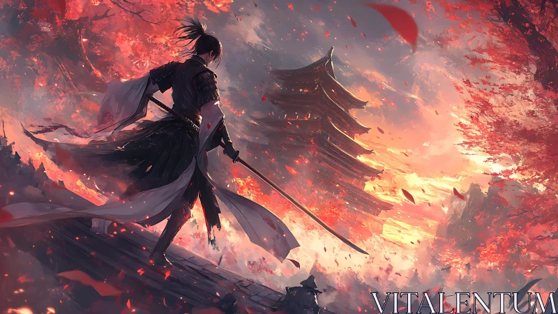 Swordwind wanderer amid ember leaves and silent pagoda.