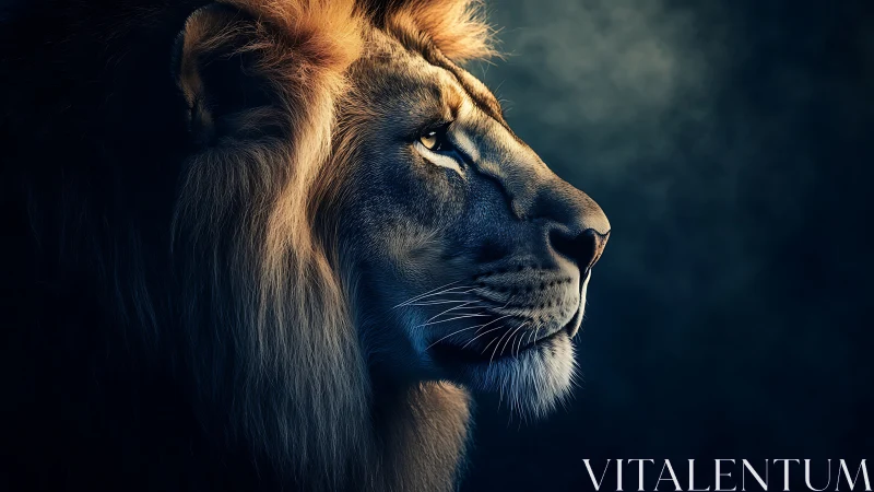 Side profile study of male lion head in low key light.