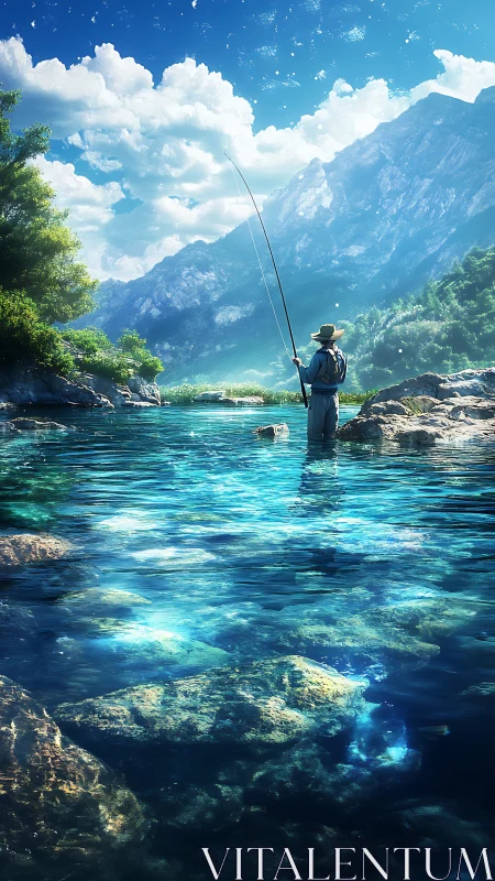 Solitary river angler under crystalline mountain daylight.
