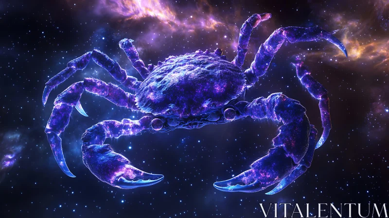 Celestial crab drifts through glowing violet starfield.