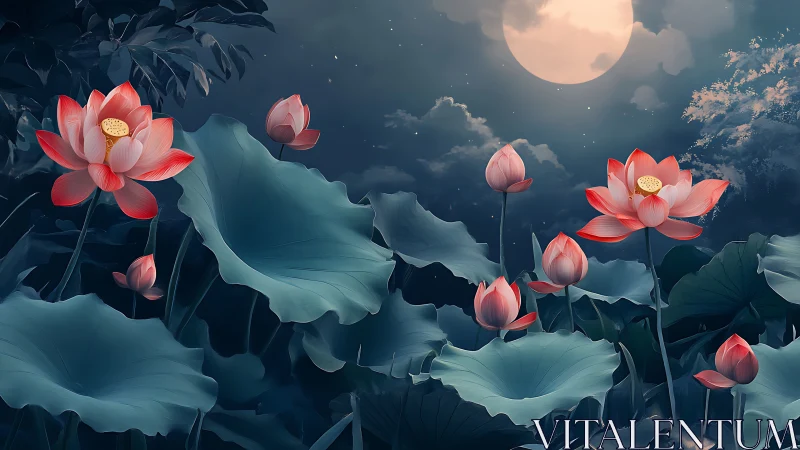 Lotus flowers and broad leaves under full moonlight sky.