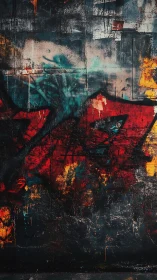 Urban graffiti wall with bold red teal abstractions.