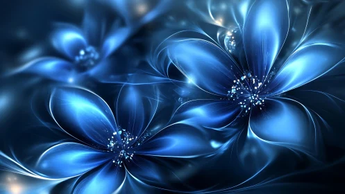 Luminous blue fractal flowers with radiant light petals.