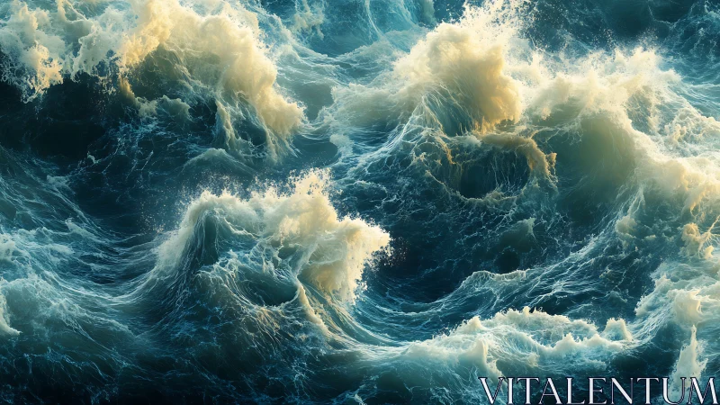 Dynamic ocean surface shows intersecting waves and foam