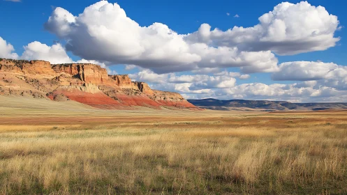 Sunlit desert cliffs rise gently above a wide golden plain