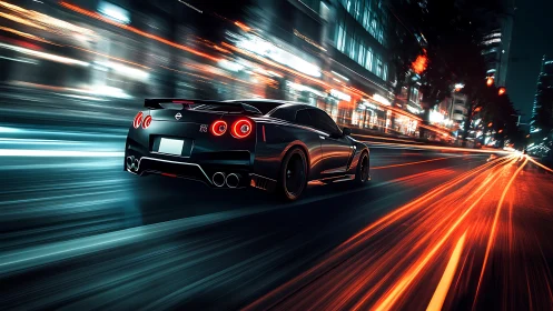 Sleek sports car races through neon city streets at night