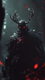 Dark antlered knight with red eyes in ember storm.