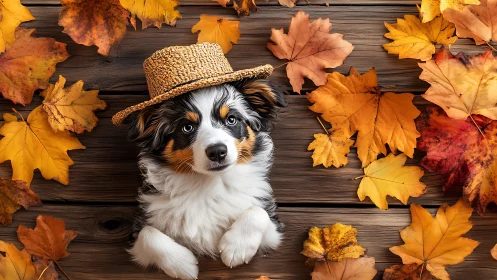 Tri-color puppy with straw hat on rustic wood and fall maple