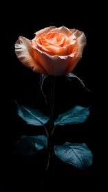 Coral Rose Bloom Against Deep Black Background.