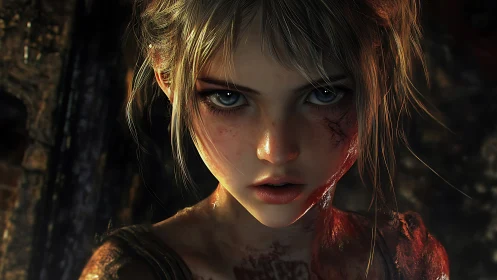 Digital painting portrait of wounded girl in chiaroscuro focus.