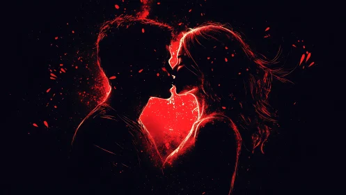 Two Silhouettes Share a Glowing Red Heart in Darkness