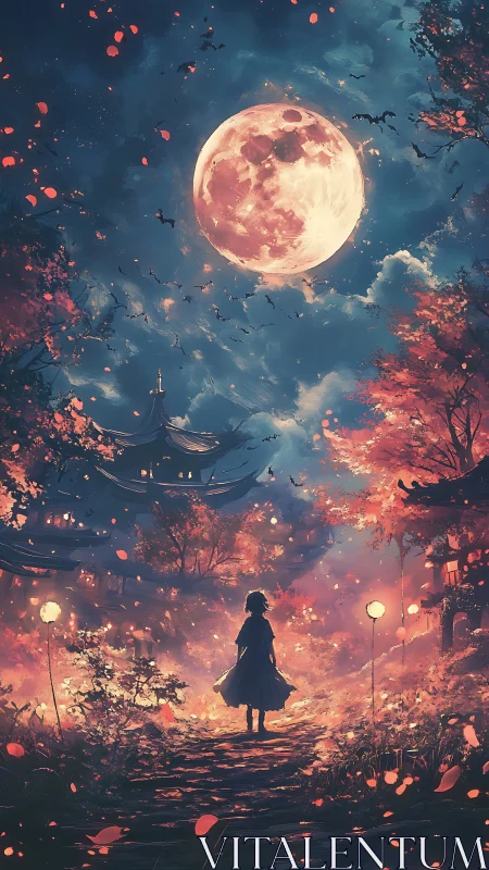 Luminous harvest moon over lantern lit forest pathscape.