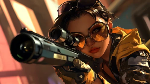 Sunlit sharpshooter with golden glasses and calm focus.