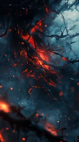 Blazing Lava Flows Through Charred Branches in Darkness.