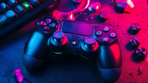 Gaming controller under neon magenta and cyan rim lighting.
