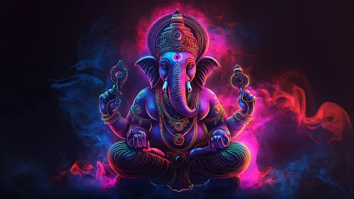 Neon-lit Ganesha render shows high-saturation gradients and volumetric smoke