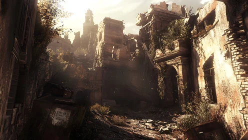 Sunlit ruins of a decayed alleyway with overgrown walls.