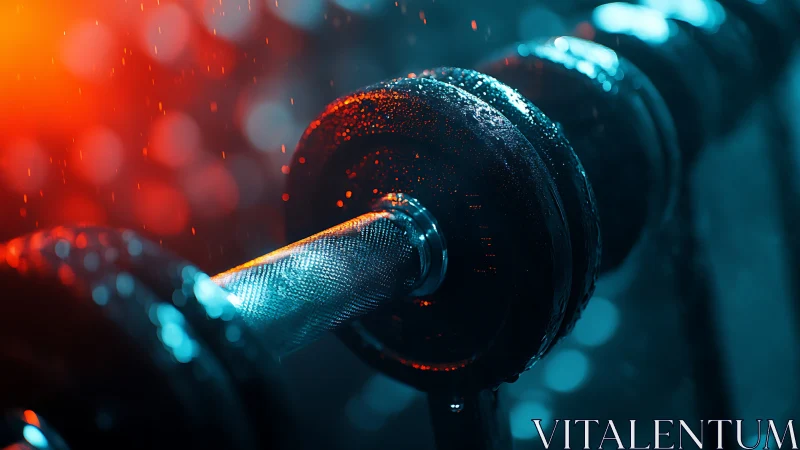 Chrome dumbbell glistens under dramatic blue and red gym light