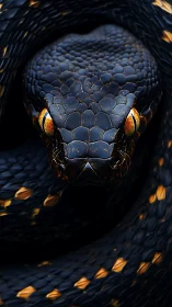Macro close-up of coiled black snake with iridescent scalation and glare