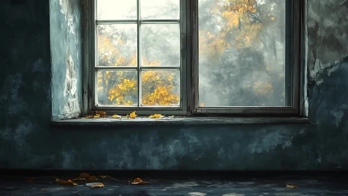 Old window with autumn leaves in a worn interior space.