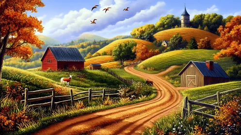 Rural dirt road through colorful rolling farmland landscape.