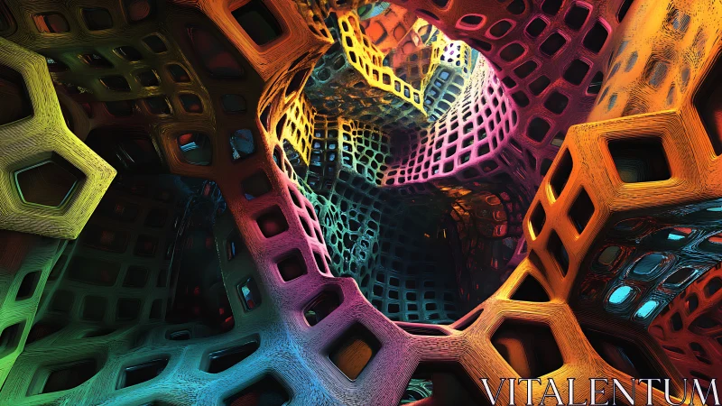 Fractal tunnel of vivid geometric lattice structures.