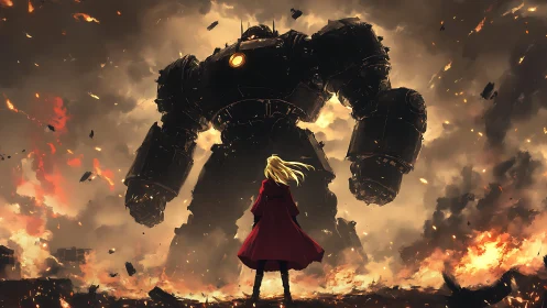 Figure observes large armored mech amid smoke and flames