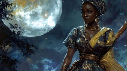 Moonlit warrior queen gazes forward beneath glowing skies.