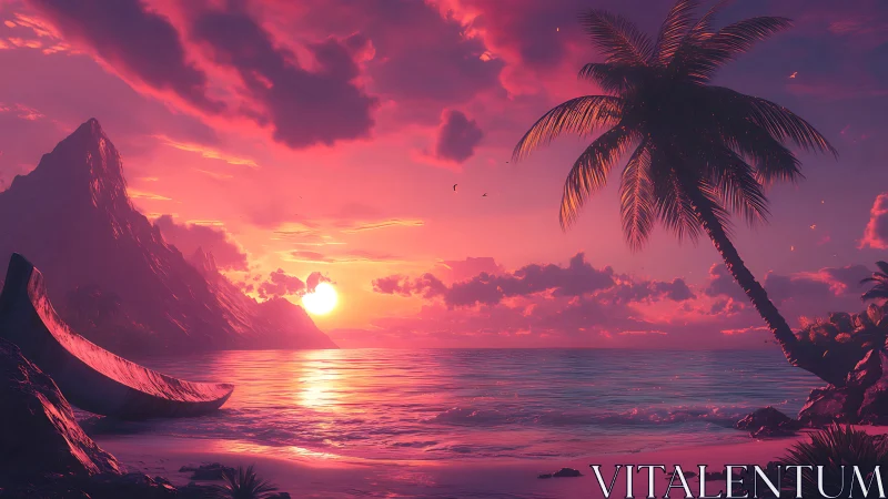 Digital sunset seascape with palm silhouette and coastal massif.