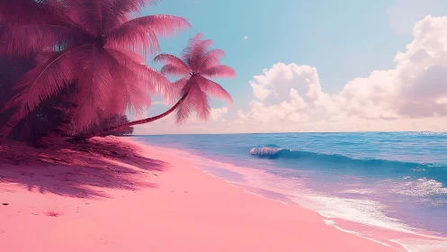 Infrared-Processed Tropical Coastline with Palmate Vegetation and Compositional Depth.