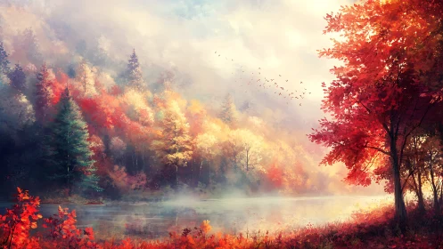 Misty Autumn Lake Landscape with Vibrant Red Foliage